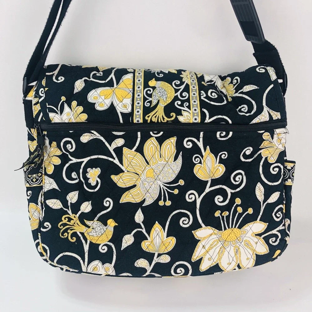 Vera Bradley Messenger Laptop Computer Bag Purse Tote Retired Black Yellow Bird